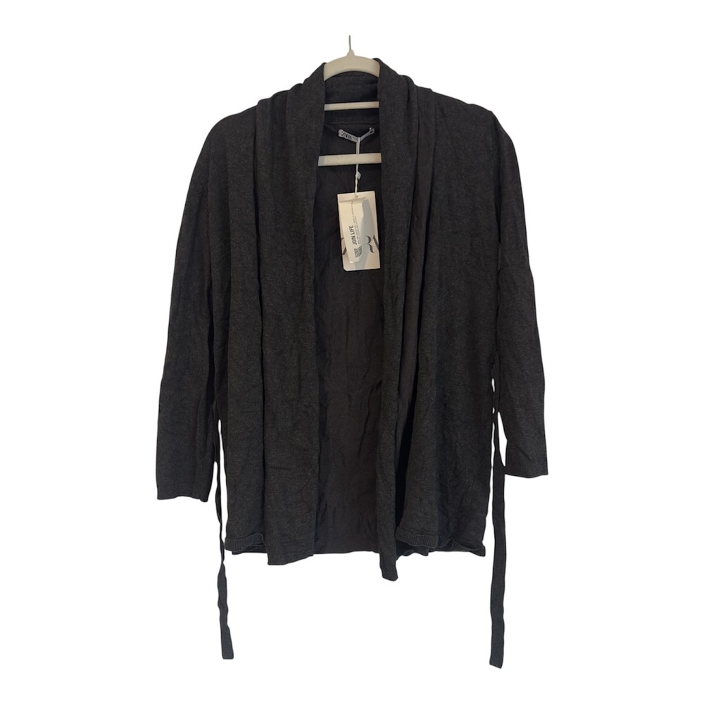 Zara Womens Charcoal Gray Open Front Belted Cardigan Sweater Size Medium NWT